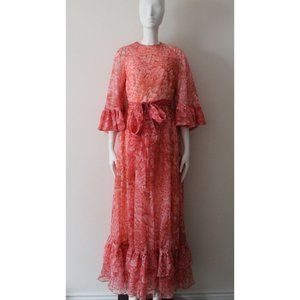 Don Luis De Espana Vintage 1970's Feather Print Belted Maxi Dress Size 8